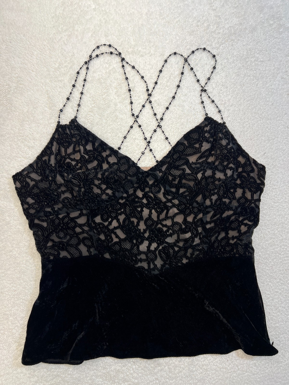 Ice Womens Top Velvet Beaded Straps Lace Floral Design Side Zipper Black, Sz L
